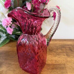 Vintage Cranberry‎ Glass Diamond Thumbprint Pitcher Twisted Clear Handle